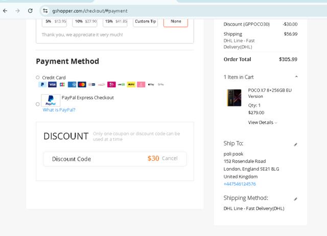 Gshopper checkout page showing Gshopper coupon code box | Screenshot taken by SimplyCodes community member on Sep 1, 2025