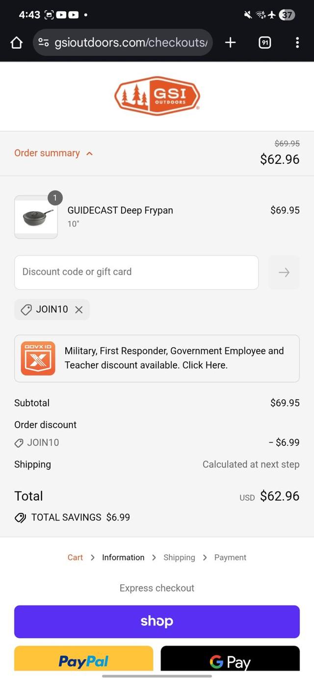 GSI checkout page showing GSI promo code box | Screenshot taken by SimplyCodes community member on Sep 10, 2025