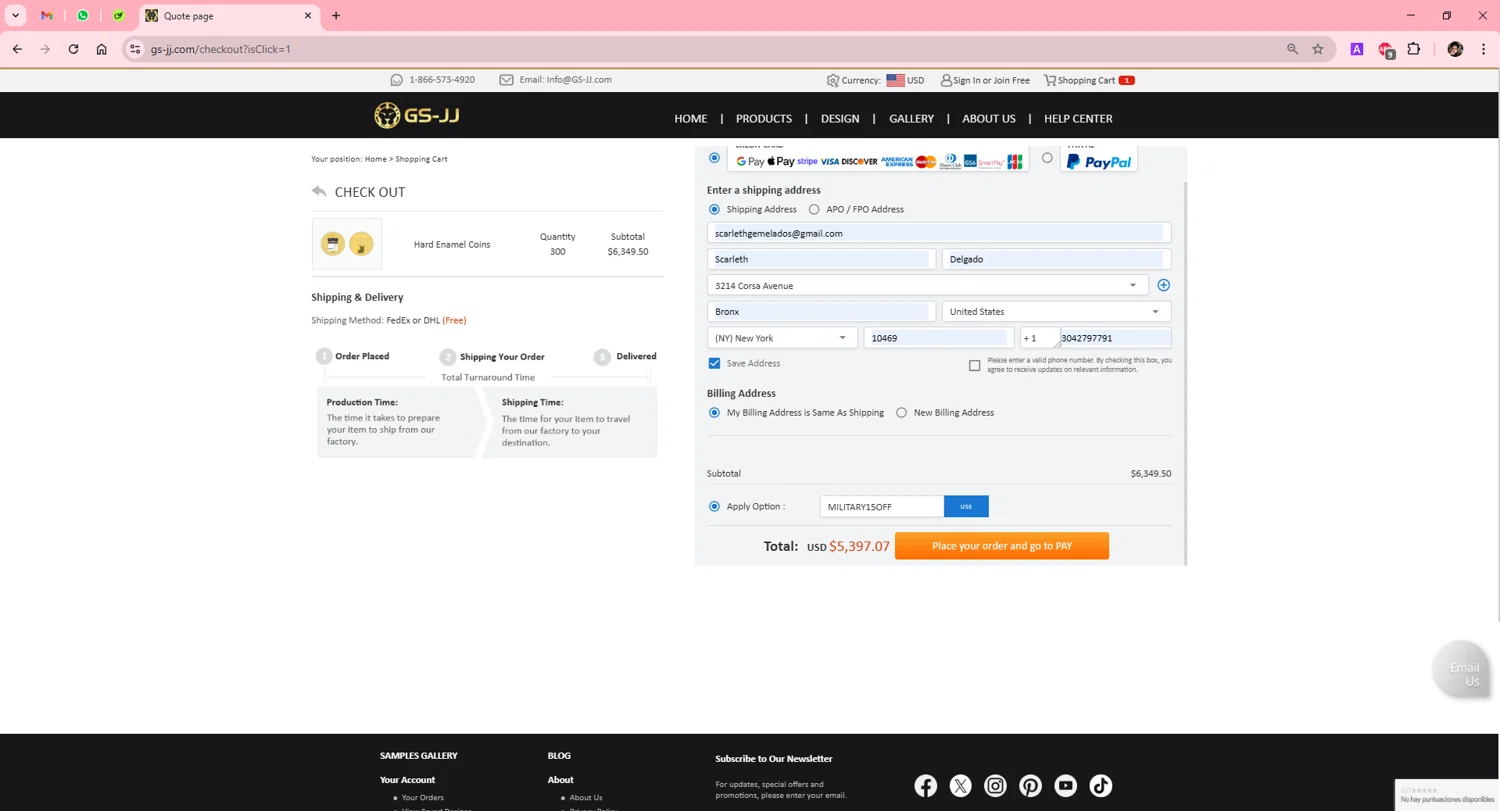 GS-JJ coupon code screenshot showing code MILITARY15OFF applied at GS-JJ checkout page. Uploaded by SimplyCodes community member Scarleth_2GGD on Mar 7, 2025