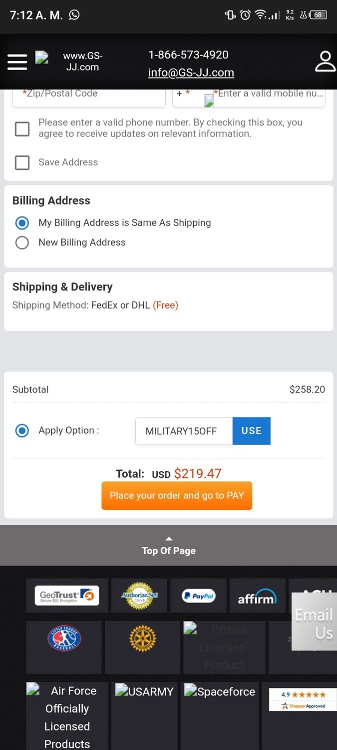 GS-JJ coupon code screenshot showing code MILITARY15OFF applied at GS-JJ checkout page. Uploaded by SimplyCodes community member lisethchirino on Feb 6, 2025
