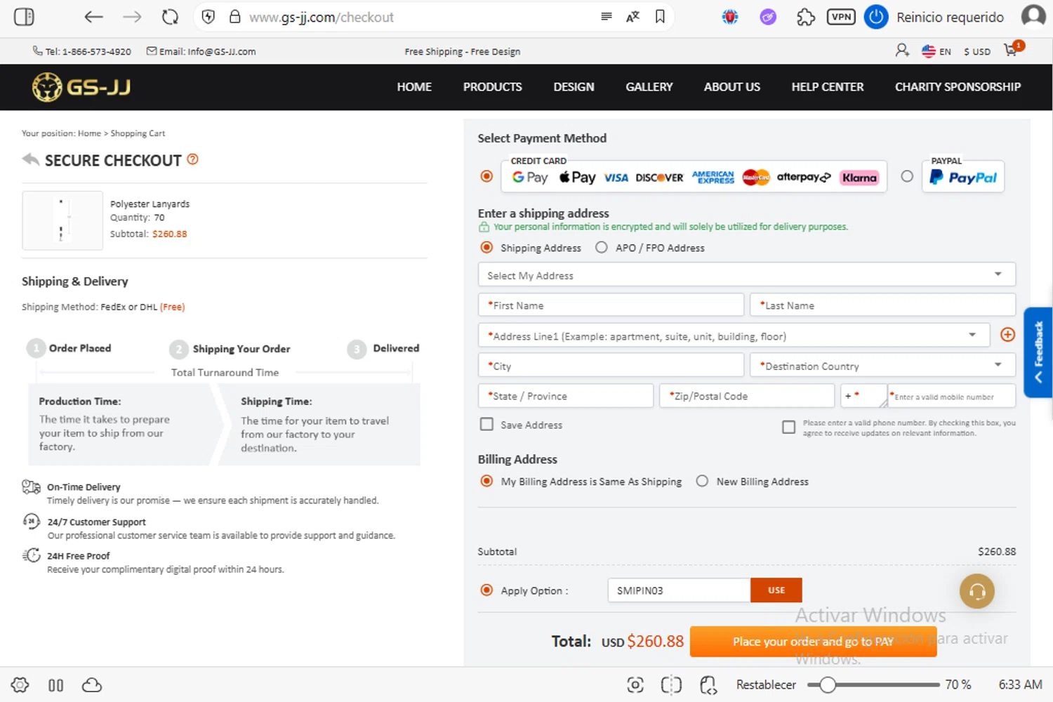 GS-JJ coupon code screenshot showing code SMIPIN03 applied at GS-JJ checkout page. Uploaded by SimplyCodes community member luissilva2 on Sep 18, 2025