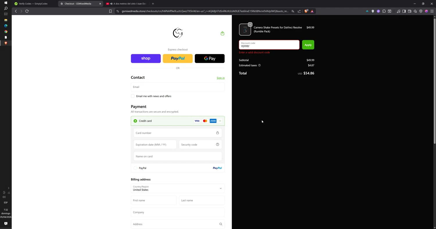 GSMixedMedia promo code screenshot showing code YEFFRY applied at GSMixedMedia checkout page. Uploaded by SimplyCodes community member Cbombis on Apr 5, 2026
