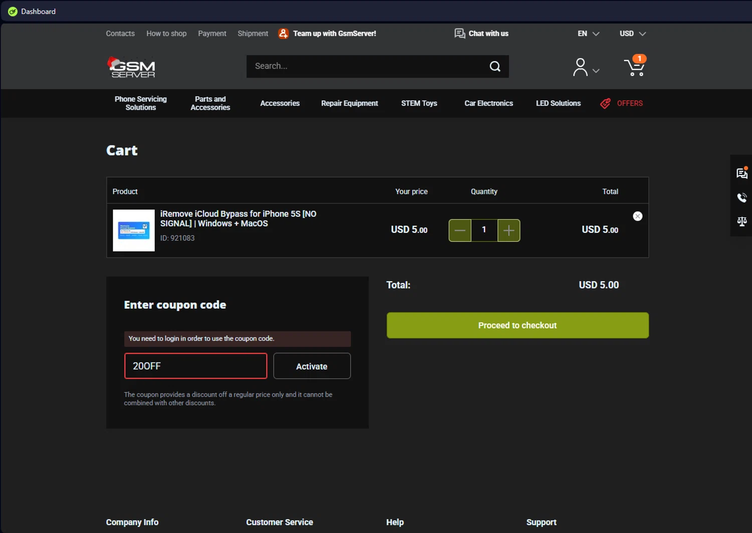 GsmServer coupon code screenshot showing code 20OFF applied at GsmServer checkout page. Uploaded by SimplyCodes community member ScanEagle7415 on Jan 14, 2025