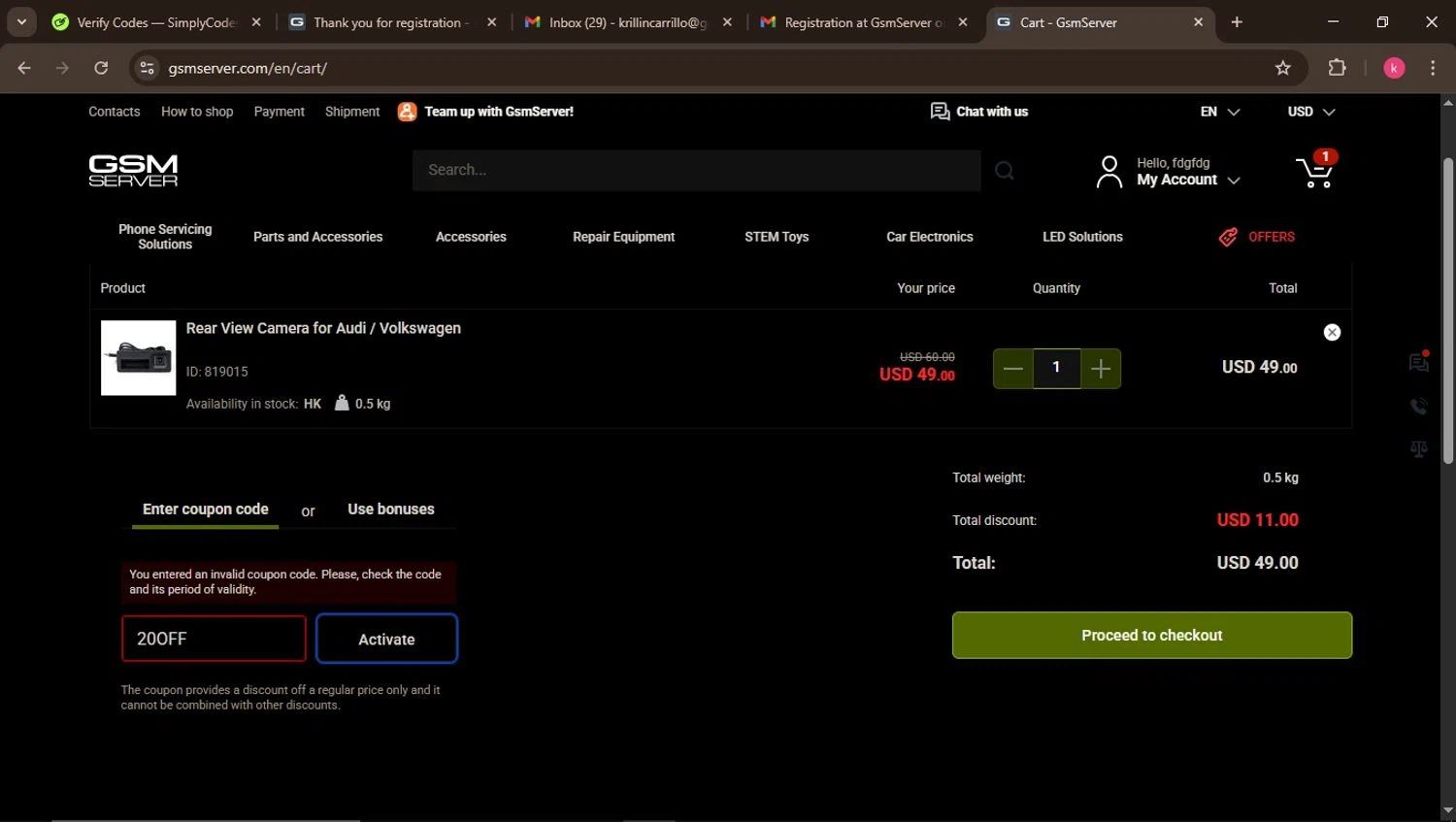 GsmServer coupon code screenshot showing code 20OFF applied at GsmServer checkout page. Uploaded by SimplyCodes community member ValiantElite2270 on Mar 12, 2025