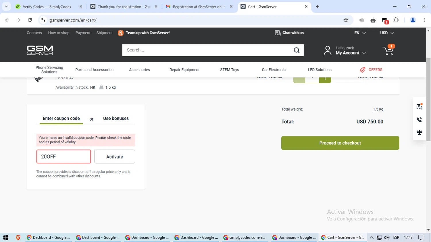 GsmServer coupon code screenshot showing code 20OFF applied at GsmServer checkout page. Uploaded by SimplyCodes community member aSASAS on Feb 14, 2025
