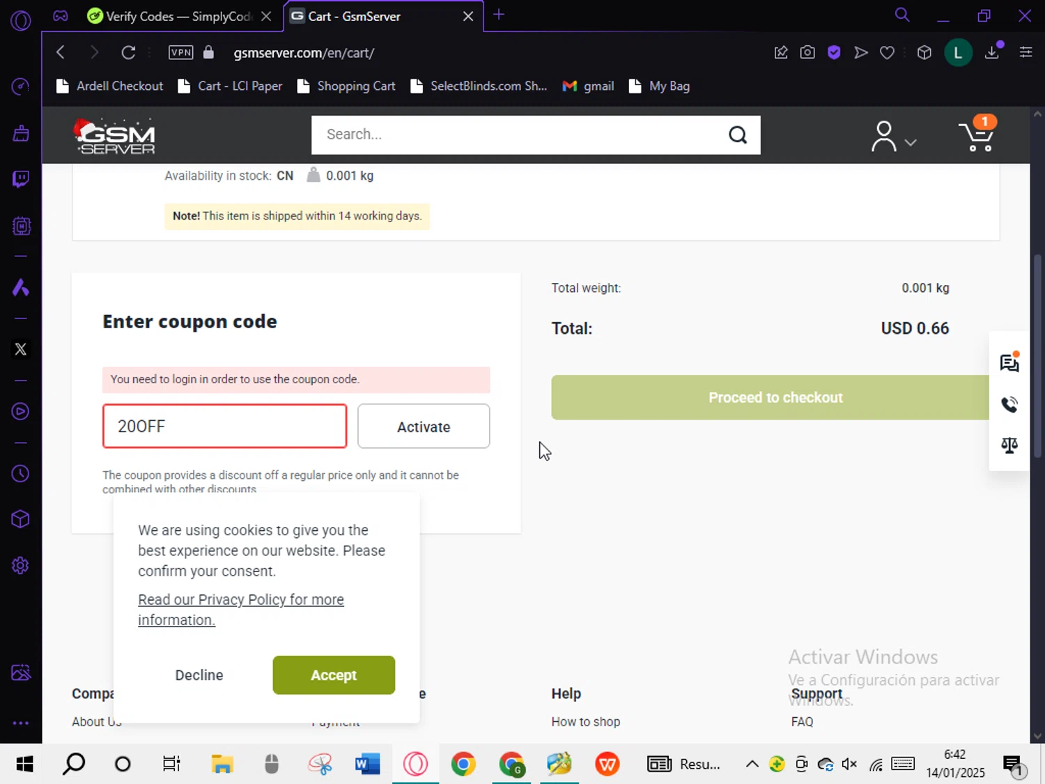 GsmServer checkout page showing GsmServer coupon code box | Screenshot taken by SimplyCodes community member on Jan 14, 2025