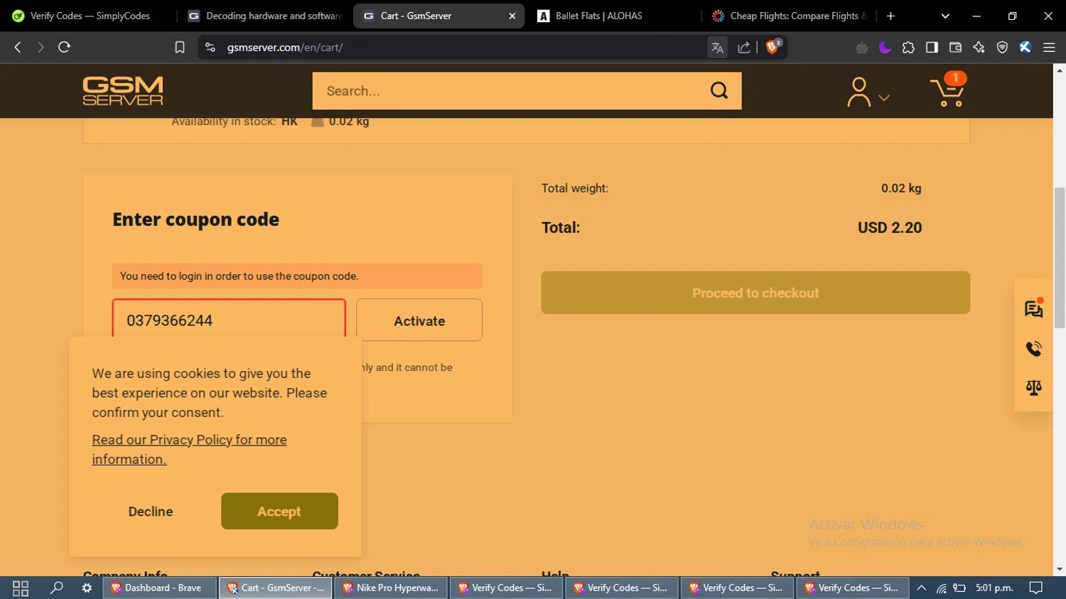 GsmServer checkout page showing GsmServer coupon code box | Screenshot taken by SimplyCodes community member on Mar 5, 2025