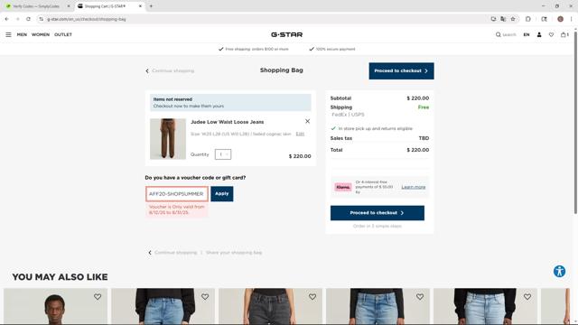 G-Star RAW checkout page showing G-Star RAW promo code box | Screenshot taken by SimplyCodes community member on Sep 5, 2025