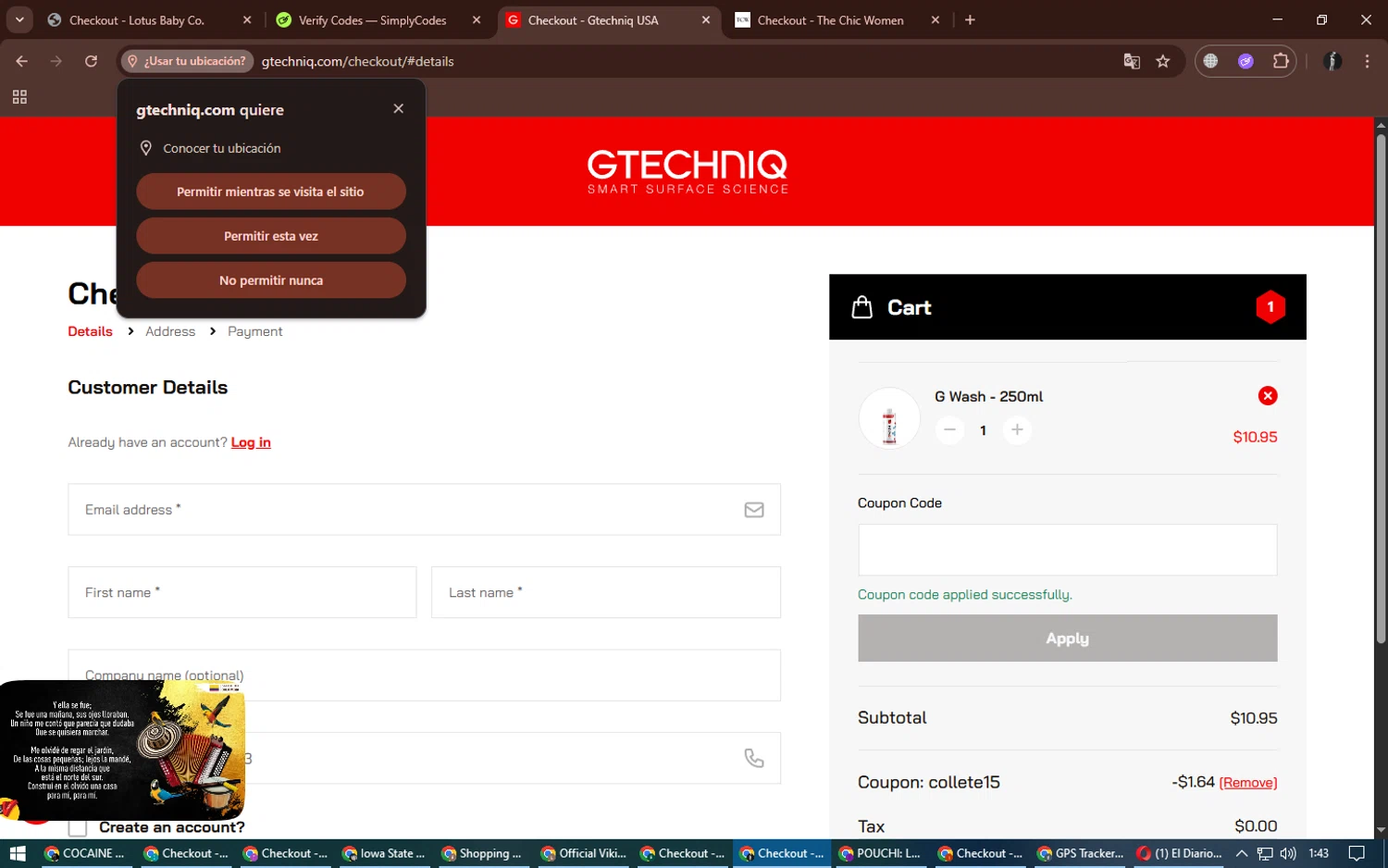 Gtechniq coupon code screenshot showing code COLLETE15 applied at Gtechniq checkout page. Uploaded by SimplyCodes community member alexdaal on Aug 28, 2025