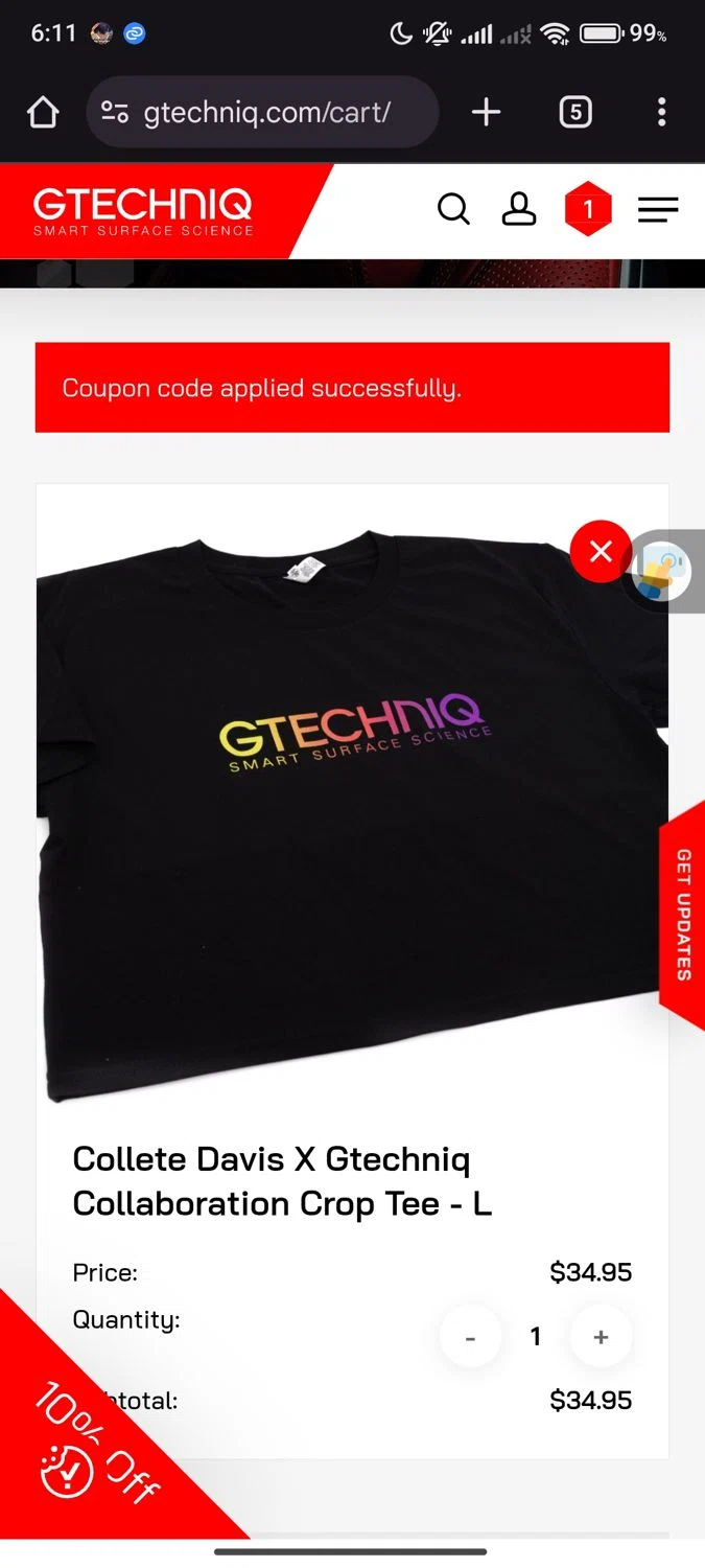 Gtechniq coupon code screenshot showing code CLEANRIDE10 applied at Gtechniq checkout page. Uploaded by SimplyCodes community member Manguito_Chambeador on Apr 19, 2025