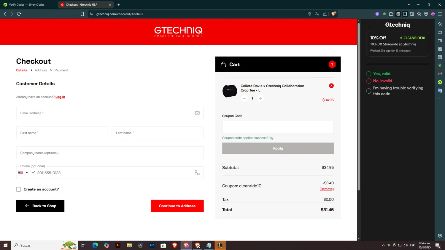 Gtechniq coupon code screenshot showing code CLEANRIDE10 applied at Gtechniq checkout page. Uploaded by SimplyCodes community member ELHIJOEMILA on Jun 16, 2025