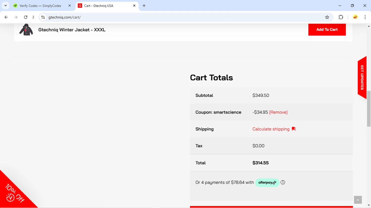 Gtechniq coupon code screenshot showing code SMARTSCIENCE applied at Gtechniq checkout page. Uploaded by SimplyCodes community member JoseVentura on Apr 4, 2025