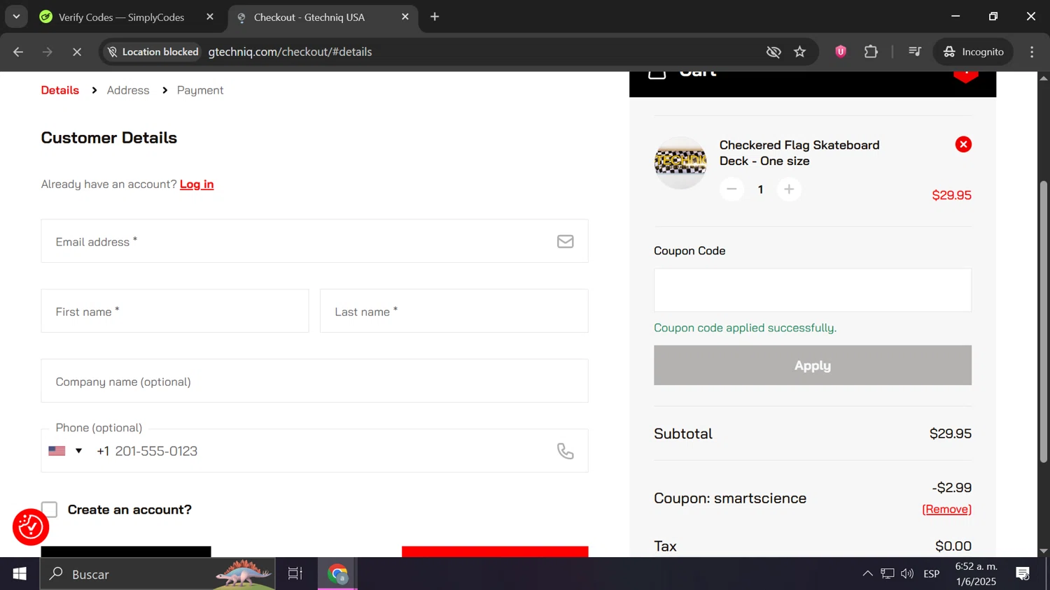Gtechniq coupon code screenshot showing code SMARTSCIENCE applied at Gtechniq checkout page. Uploaded by SimplyCodes community member PrimeShopper662 on Jun 1, 2025