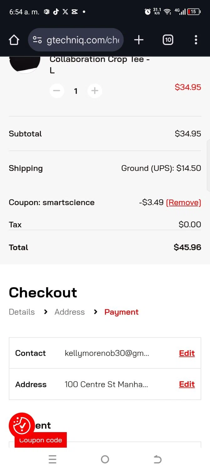 Gtechniq coupon code screenshot showing code SMARTSCIENCE applied at Gtechniq checkout page. Uploaded by SimplyCodes community member kellymoreno on Apr 4, 2025
