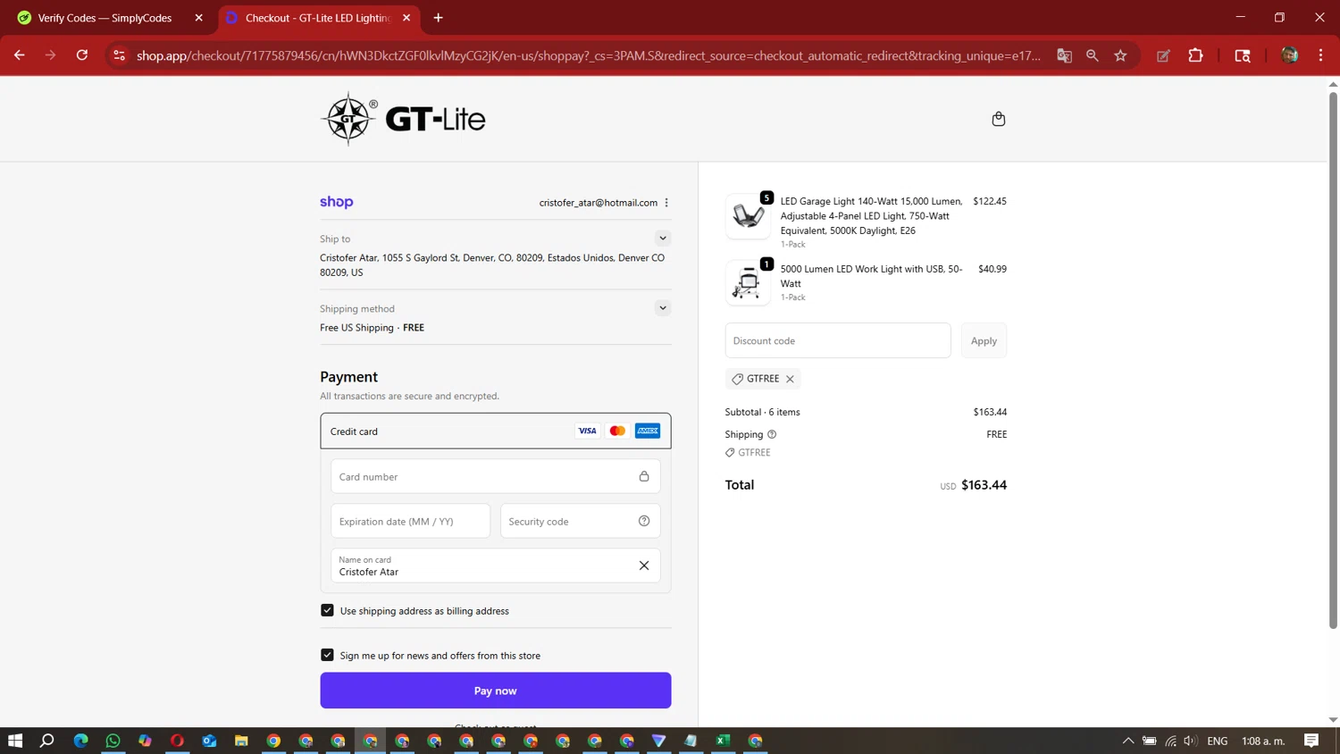 GT Lite promo code screenshot showing code GTFREE applied at GT Lite checkout page. Uploaded by SimplyCodes community member David_Gut_Sonic on Sep 21, 2025
