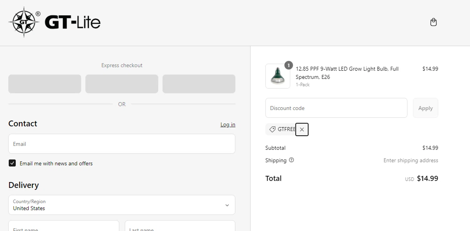 GT Lite promo code screenshot showing code GTFREE applied at GT Lite checkout page. Uploaded by SimplyCodes community member ValiantPioneer1048 on Mar 11, 2025