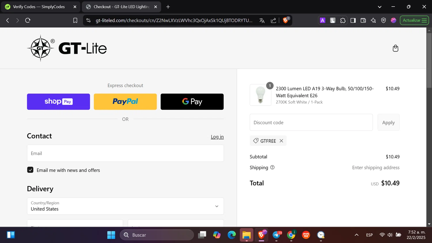 GT Lite promo code screenshot showing code GTFREE applied at GT Lite checkout page. Uploaded by SimplyCodes community member hanzell2 on Feb 22, 2025