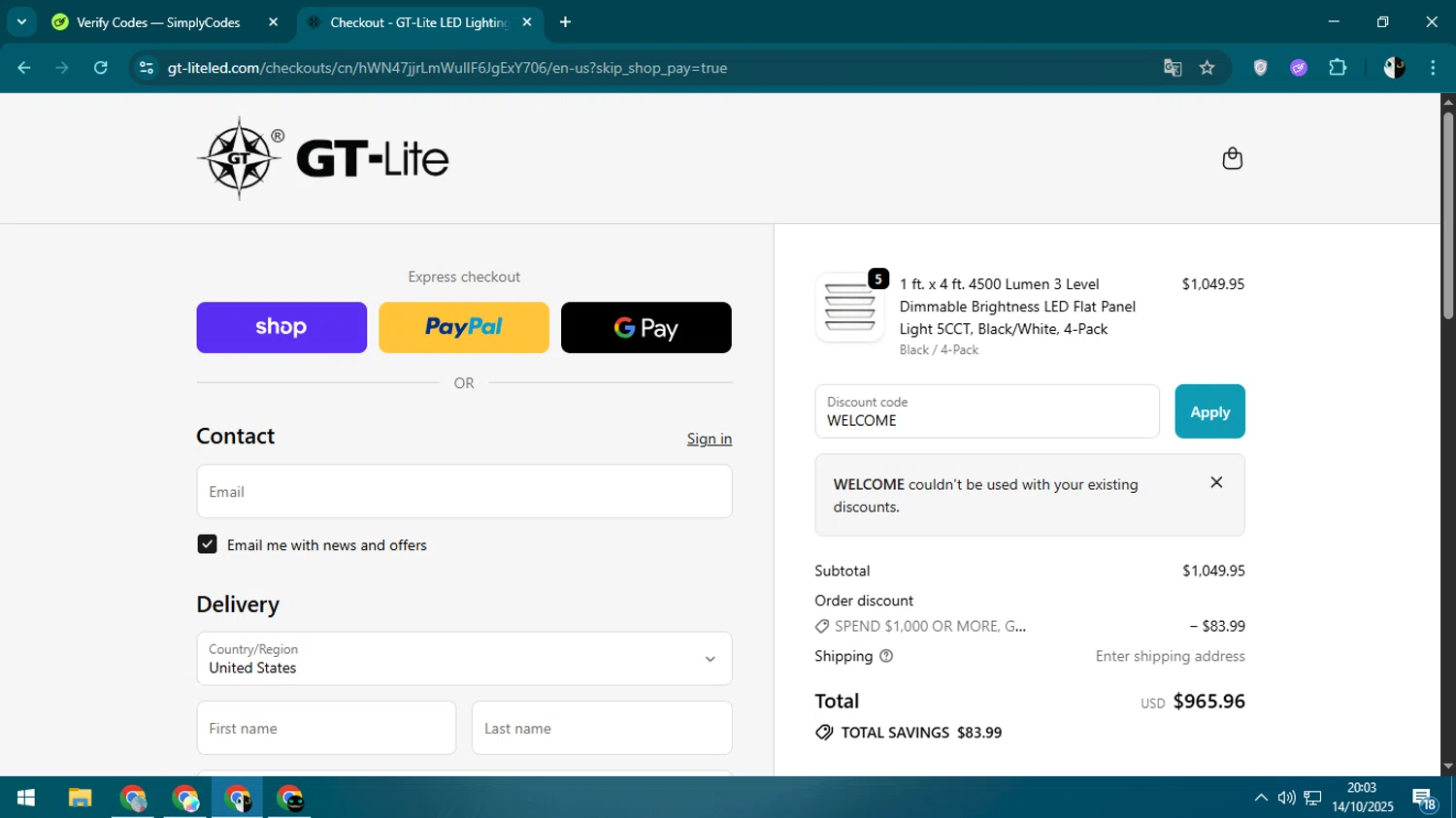 GT Lite promo code screenshot showing code WELCOME applied at GT Lite checkout page. Uploaded by SimplyCodes community member CleverSage9163 on Oct 15, 2025