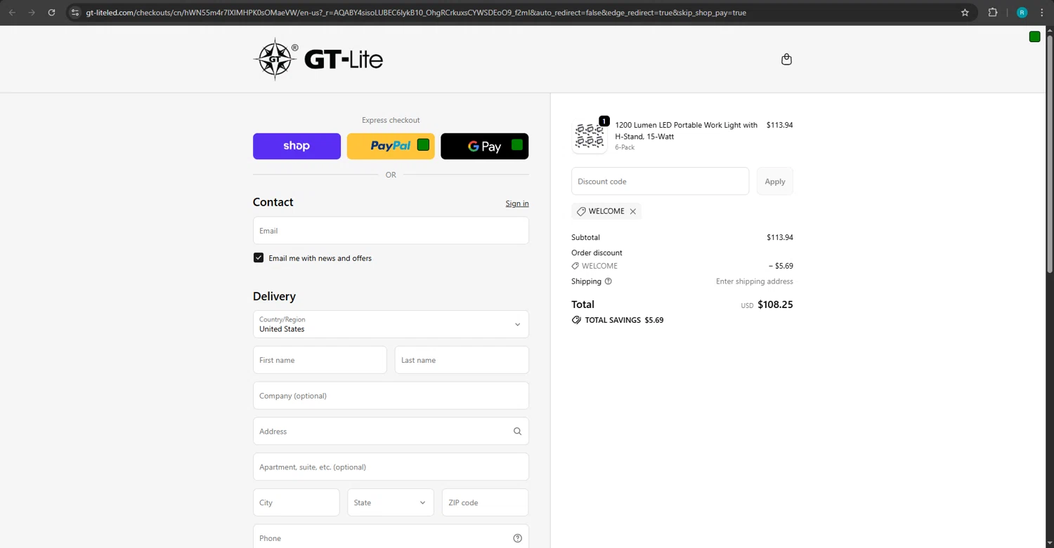 GT Lite promo code screenshot showing code WELCOME applied at GT Lite checkout page. Uploaded by SimplyCodes community member RINITOSHI on Nov 9, 2025