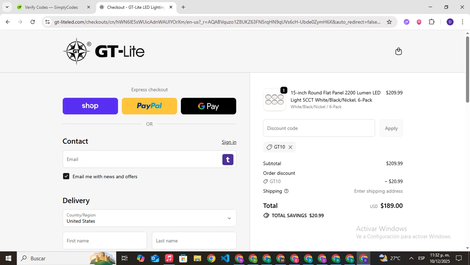 GT Lite promo code screenshot showing code GT10 applied at GT Lite checkout page. Uploaded by SimplyCodes community member PrimeNavigator3251 on Dec 11, 2025