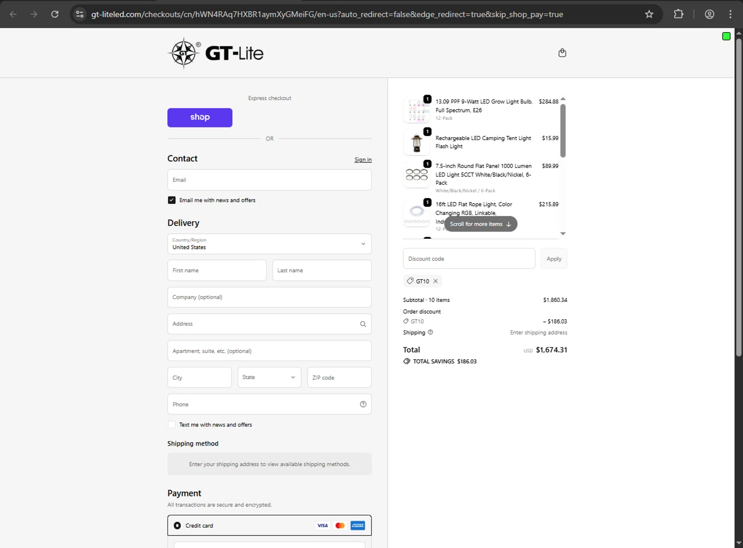 GT Lite promo code screenshot showing code GT10 applied at GT Lite checkout page. Uploaded by SimplyCodes community member luffyreturn on Oct 23, 2025