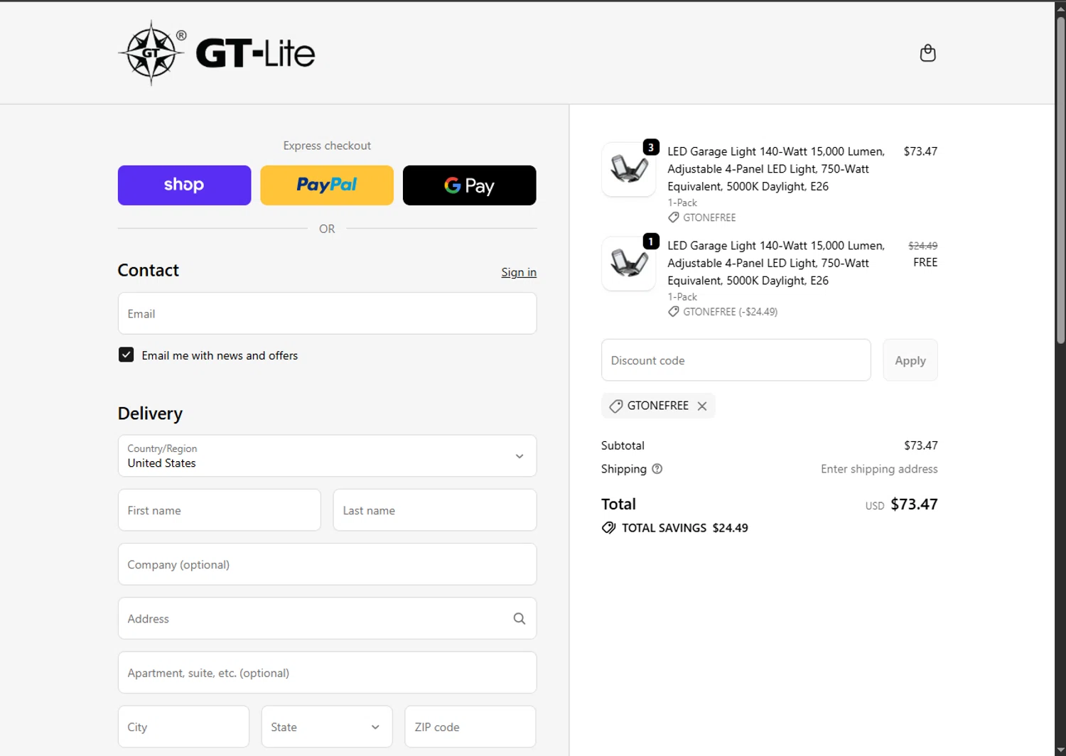 GT Lite promo code screenshot showing code GTONEFREE applied at GT Lite checkout page. Uploaded by SimplyCodes community member GoldPhoenix3793 on Dec 11, 2025