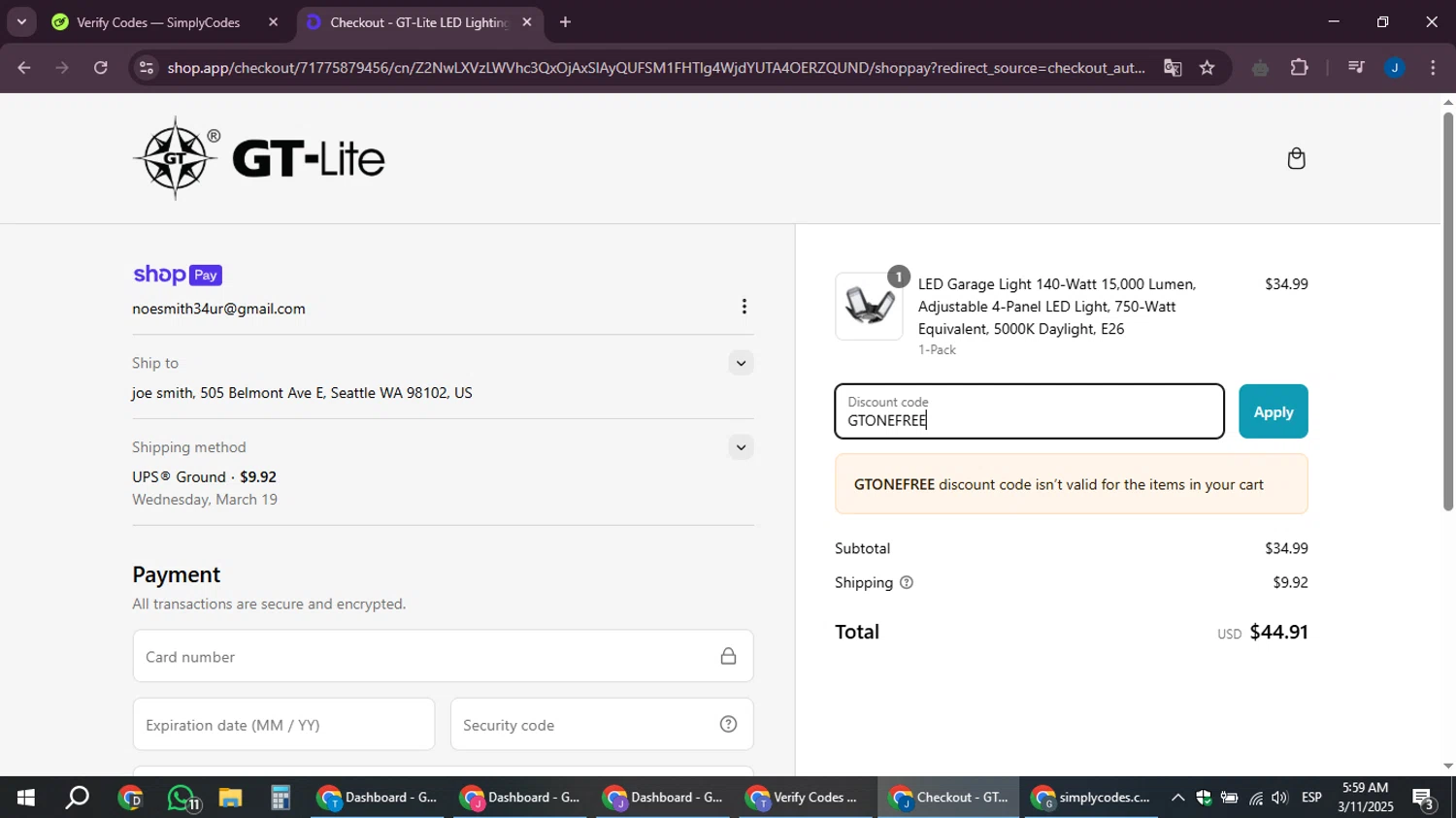 GT Lite promo code screenshot showing code GTONEFREE applied at GT Lite checkout page. Uploaded by SimplyCodes community member noesmith34ur on Mar 11, 2025