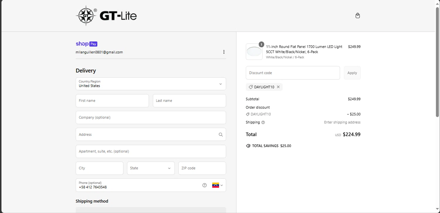 GT Lite promo code screenshot showing code DAYLIGHT10 applied at GT Lite checkout page. Uploaded by SimplyCodes community member tokiio on Mar 11, 2025