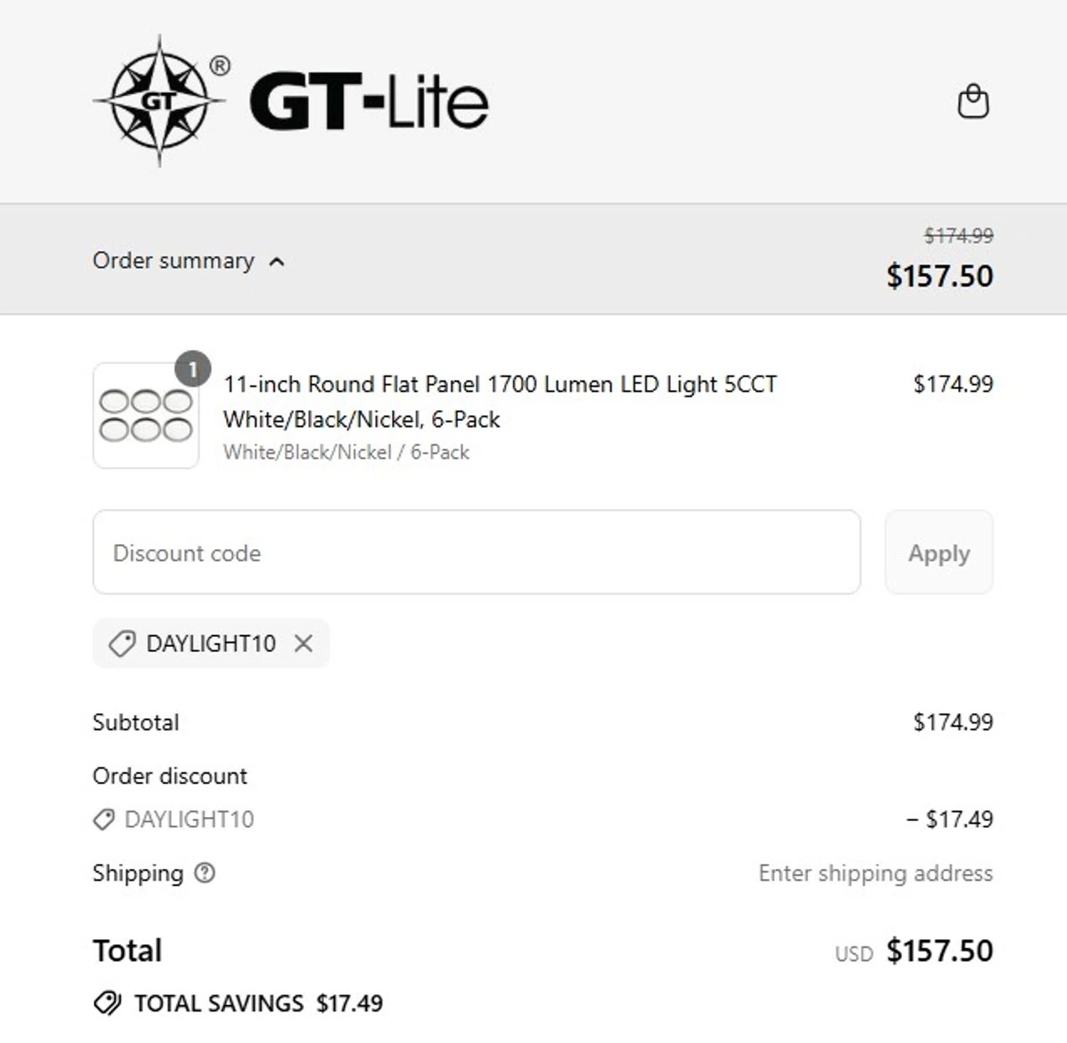 GT Lite promo code screenshot showing code DAYLIGHT10 applied at GT Lite checkout page. Uploaded by SimplyCodes community member MagnificentCollector7829 on Aug 31, 2025