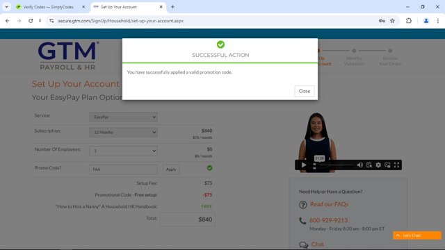 GTM Payroll Services checkout page showing GTM Payroll Services promo code box | Screenshot taken by SimplyCodes community member on Oct 22, 2024