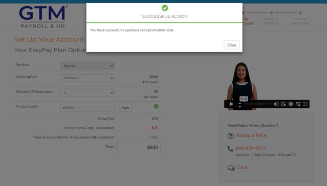 GTM Payroll Services checkout page showing GTM Payroll Services promo code box | Screenshot taken by SimplyCodes community member on Oct 23, 2024