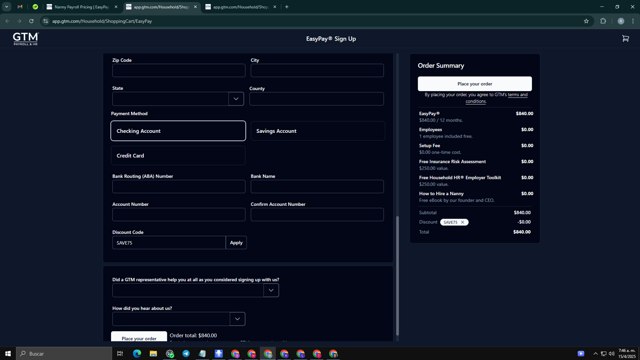 GTM Payroll Services checkout page showing GTM Payroll Services promo code box | Screenshot taken by SimplyCodes community member on Apr 15, 2025