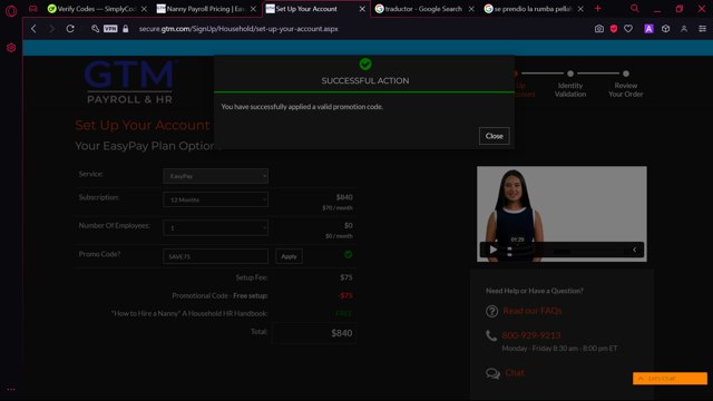GTM Payroll Services checkout page showing GTM Payroll Services promo code box | Screenshot taken by SimplyCodes community member on Nov 21, 2024