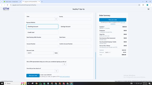GTM Payroll Services checkout page showing GTM Payroll Services promo code box | Screenshot taken by SimplyCodes community member on Jan 18, 2025