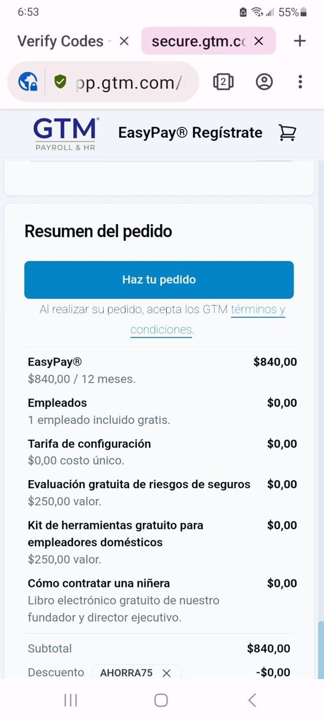 GTM Payroll Services checkout page showing GTM Payroll Services promo code box | Screenshot taken by SimplyCodes community member on Mar 17, 2025
