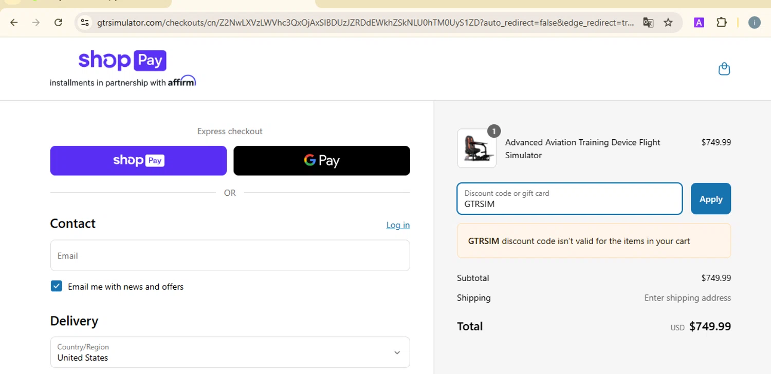 GTR Simulator coupon code screenshot showing code GTRSIM applied at GTR Simulator checkout page. Uploaded by SimplyCodes community member PrimeSentinel5869 on Mar 15, 2025