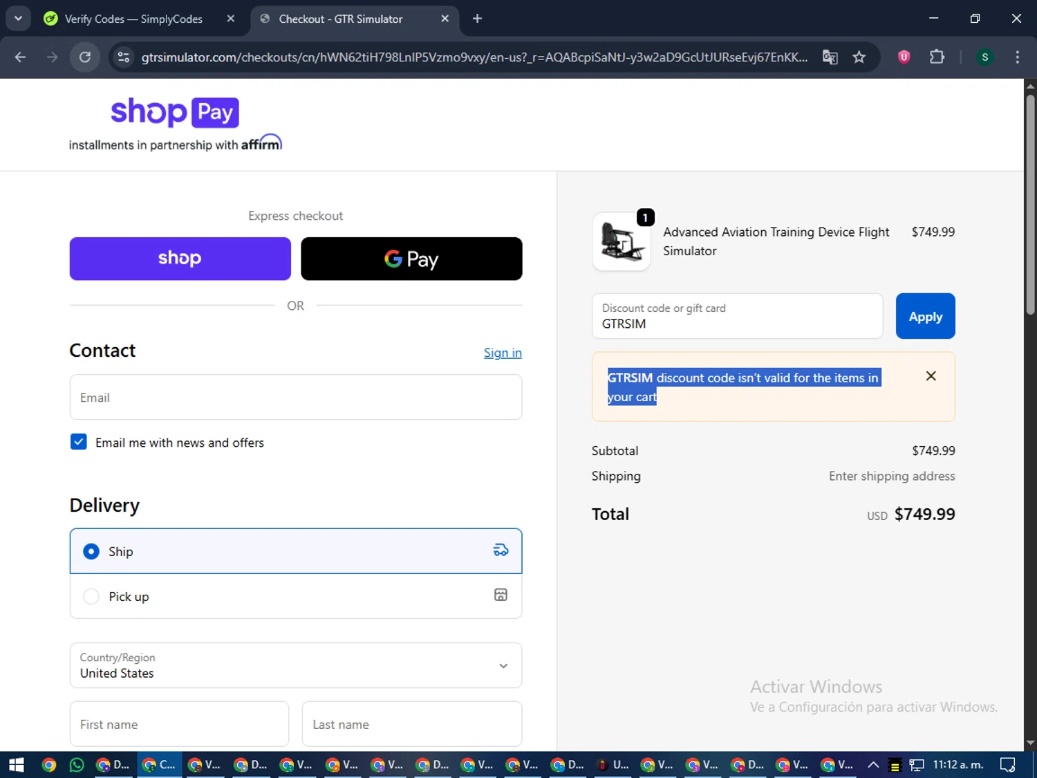 GTR Simulator coupon code screenshot showing code GTRSIM applied at GTR Simulator checkout page. Uploaded by SimplyCodes community member lilMosey on Dec 4, 2025
