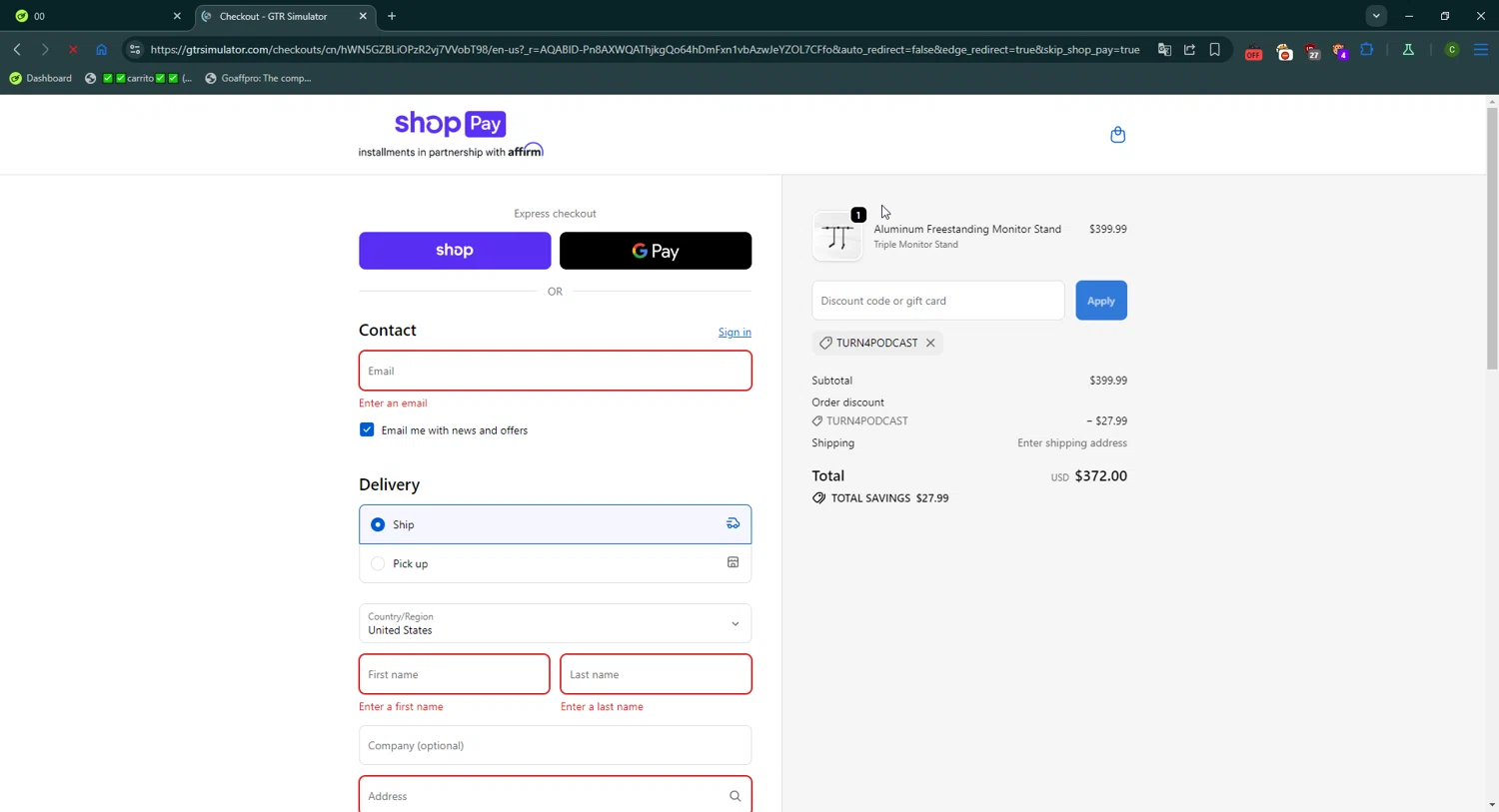 GTR Simulator coupon code screenshot showing code Turn4Podcast applied at GTR Simulator checkout page. Uploaded by SimplyCodes community member CrownGuardian9882 on Nov 14, 2025