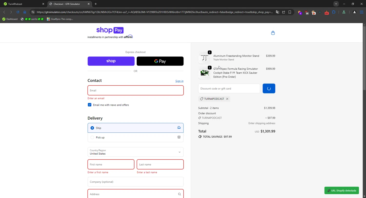 GTR Simulator coupon code screenshot showing code Turn4Podcast applied at GTR Simulator checkout page. Uploaded by SimplyCodes community member Mriko_Kien_lo_lea on Dec 15, 2025