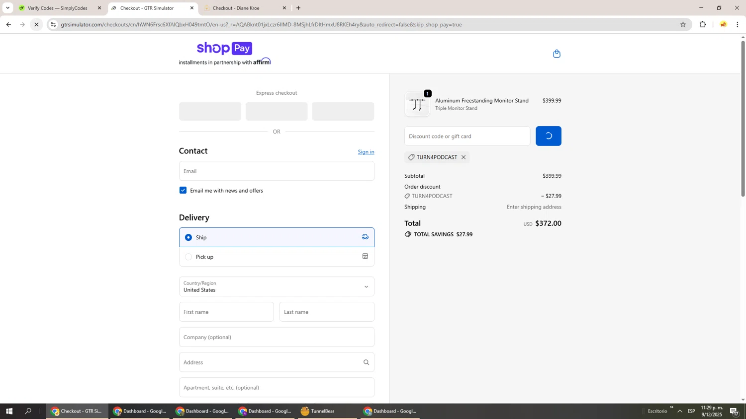 GTR Simulator coupon code screenshot showing code Turn4Podcast applied at GTR Simulator checkout page. Uploaded by SimplyCodes community member Richard251 on Dec 10, 2025