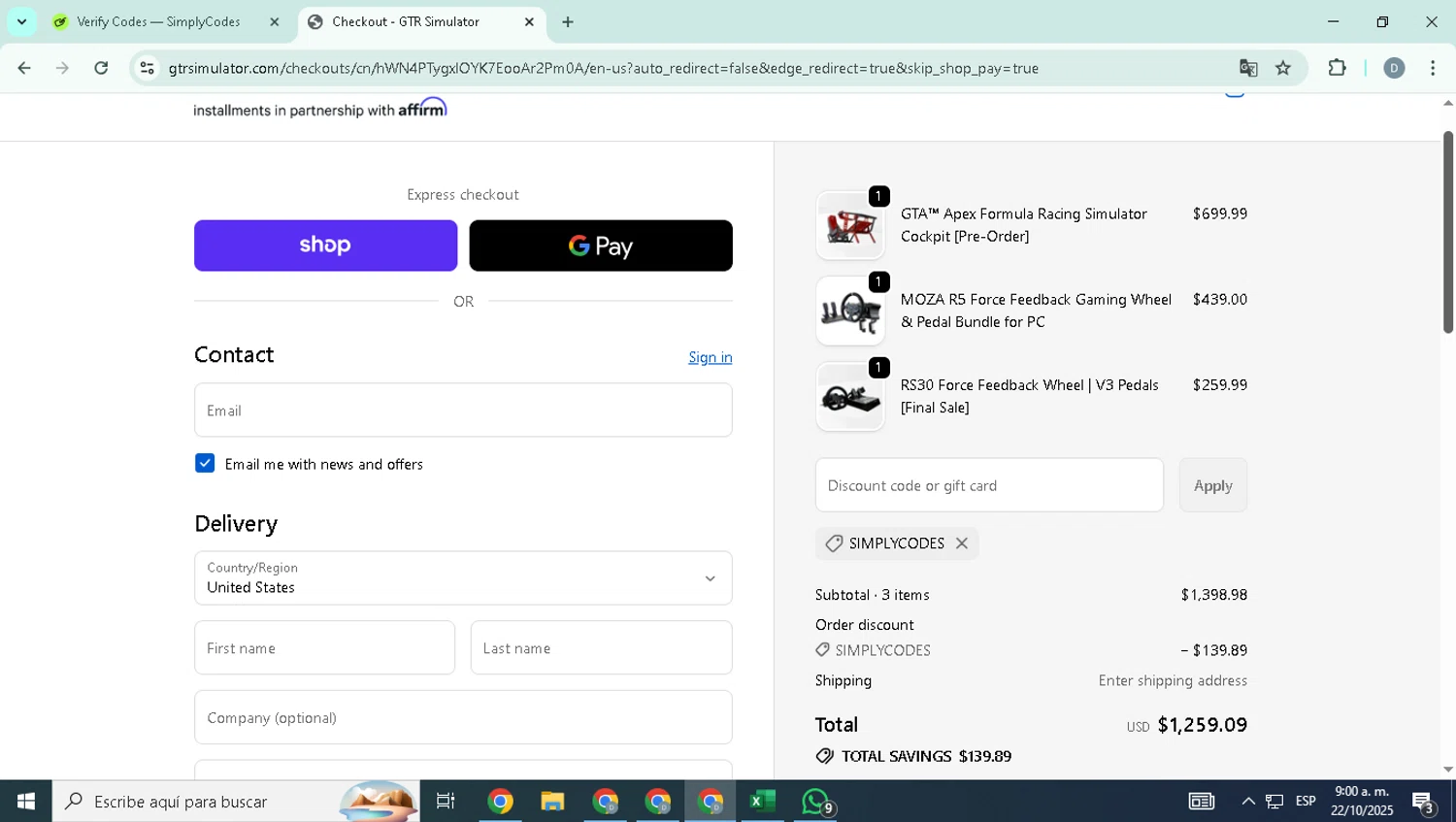 GTR Simulator coupon code screenshot showing code SIMPLYCODES applied at GTR Simulator checkout page. Uploaded by SimplyCodes community member SavingsHero4493 on Oct 22, 2025