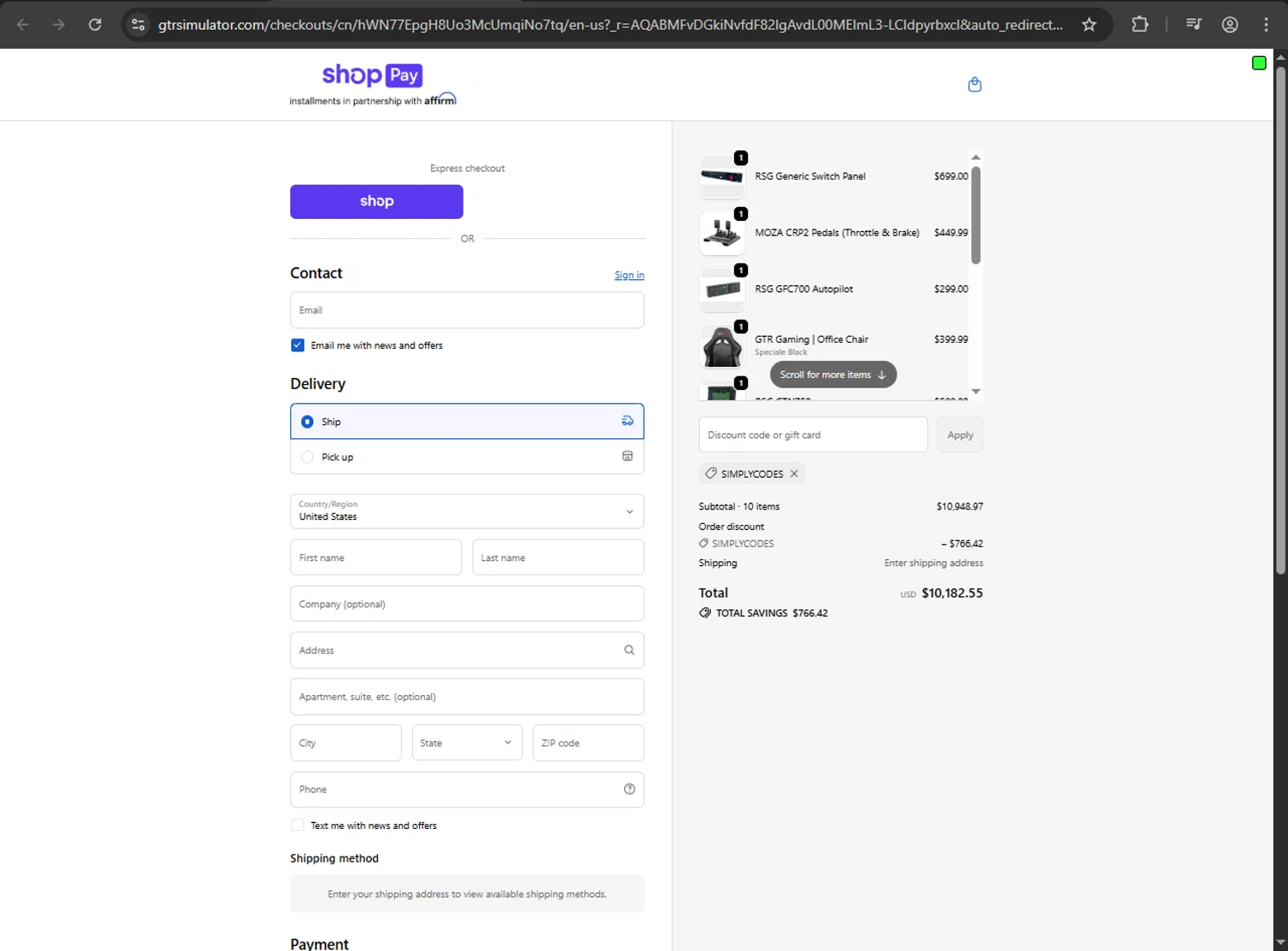 GTR Simulator coupon code screenshot showing code SIMPLYCODES applied at GTR Simulator checkout page. Uploaded by SimplyCodes community member gokuyvegetta on Jan 1, 2026