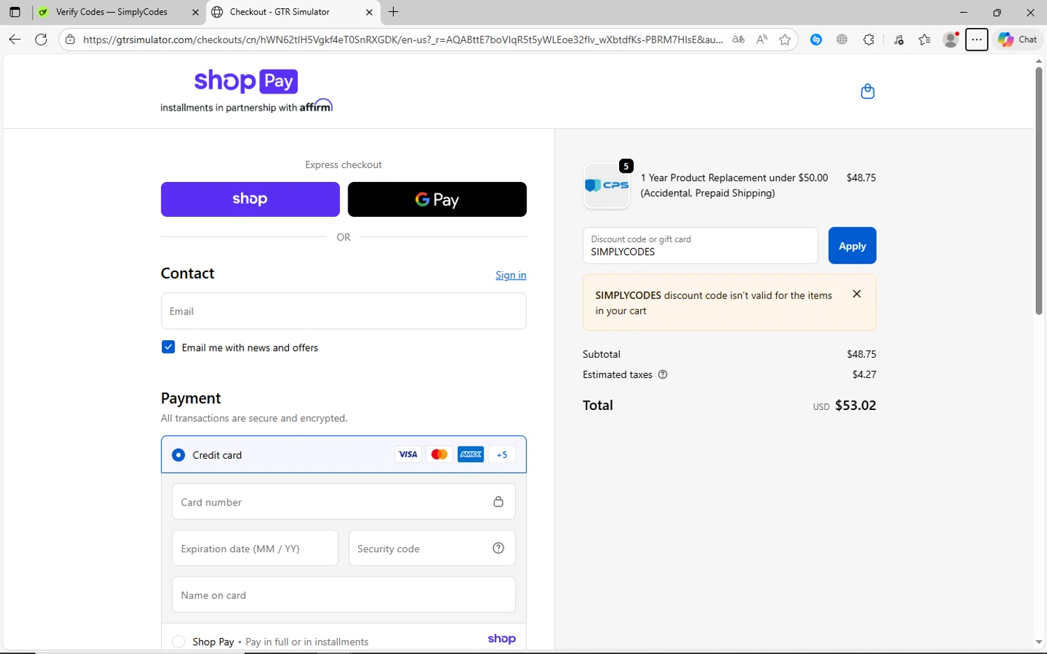 GTR Simulator coupon code screenshot showing code SIMPLYCODES applied at GTR Simulator checkout page. Uploaded by SimplyCodes community member jechtff10 on Dec 4, 2025