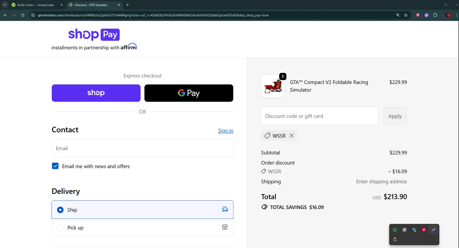 GTR Simulator coupon code screenshot showing code WSSR applied at GTR Simulator checkout page. Uploaded by SimplyCodes community member BrilliantSaver7516 on Dec 4, 2025