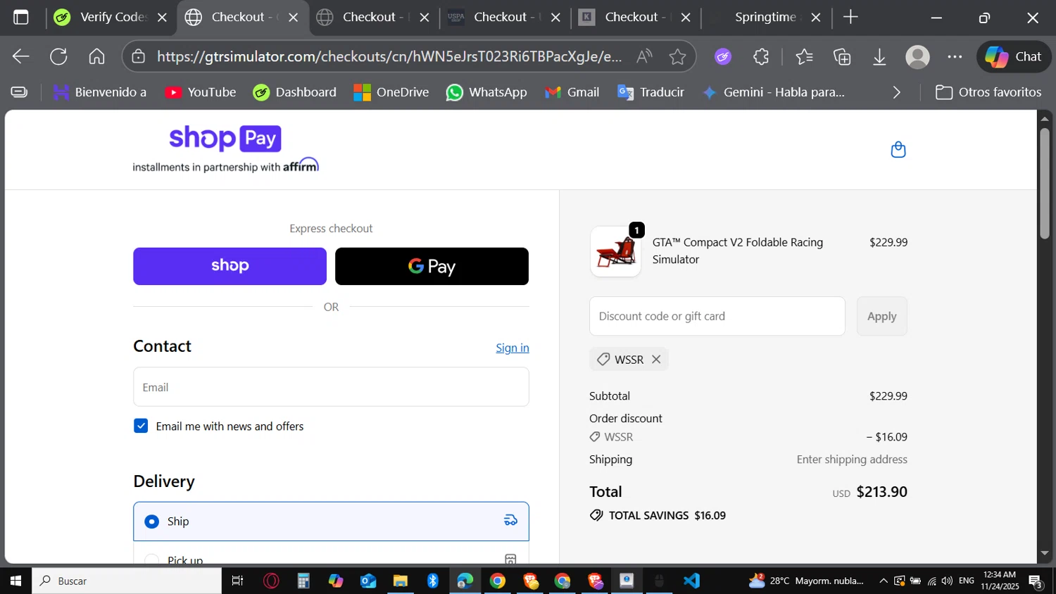 GTR Simulator coupon code screenshot showing code WSSR applied at GTR Simulator checkout page. Uploaded by SimplyCodes community member Carbon132 on Nov 24, 2025