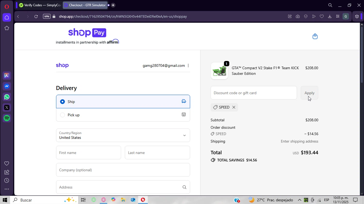 GTR Simulator coupon code screenshot showing code SPEED applied at GTR Simulator checkout page. Uploaded by SimplyCodes community member CrownWizard8571 on Nov 14, 2025
