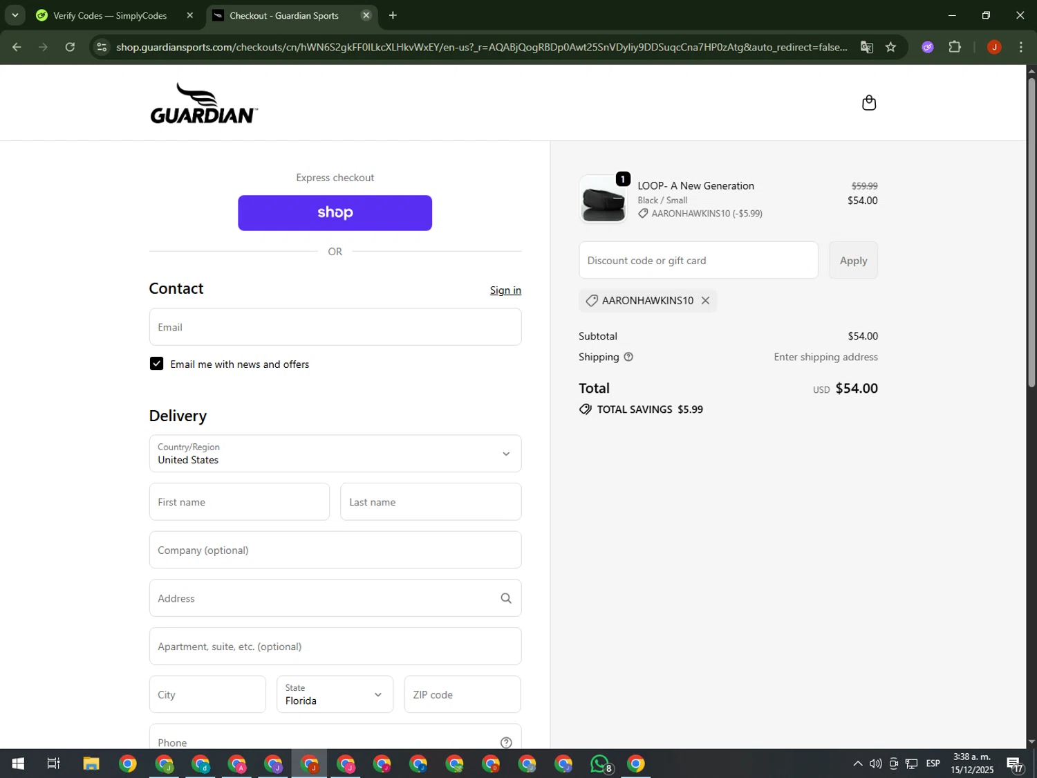 Guardian Sports discount code screenshot showing code AARONHAWKINS10 applied at Guardian Sports checkout page. Uploaded by SimplyCodes community member KimDokja on Dec 15, 2025