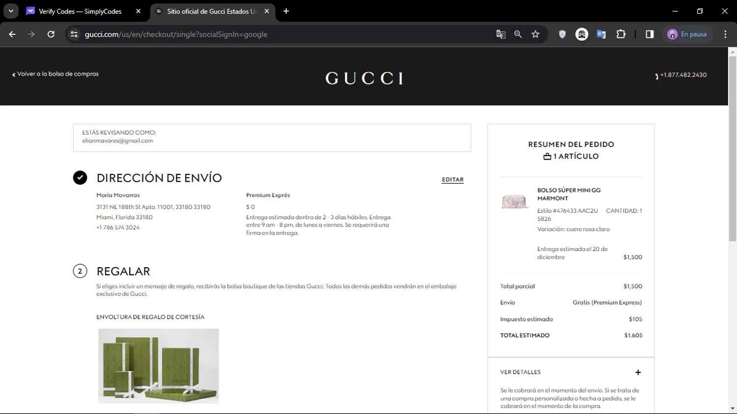 Gucci checkout page showing Gucci promo code box | Screenshot taken by SimplyCodes community member on Dec 17, 2023