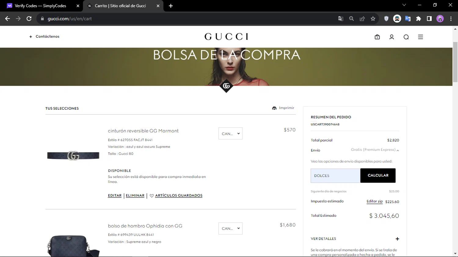 Gucci checkout page showing Gucci promo code box | Screenshot taken by SimplyCodes community member on Nov 20, 2023