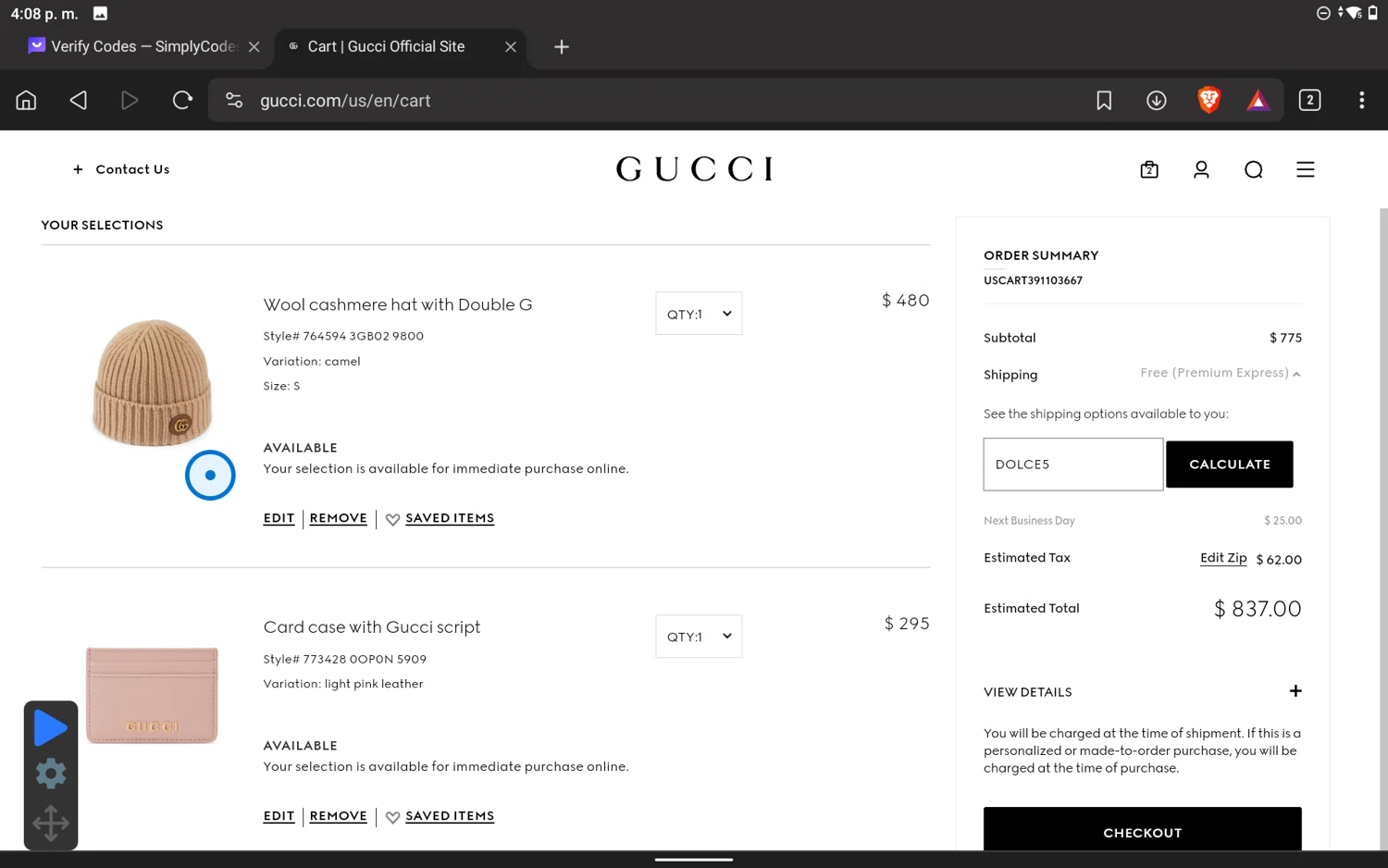 Gucci checkout page showing Gucci promo code box | Screenshot taken by SimplyCodes community member on Dec 9, 2023